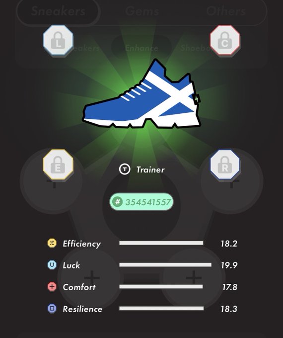 The image shows a shoe with a blue sole, white laces, and a Scottish flag design on the side of the shoe. The shoe appears to be a sneaker designed for running or other athletic activities. In the background, there are four lockets, each displaying different symbols such as a key, padlock, and combination lock. These lockets represent various aspects related to training and enhancing one's performance in sports.