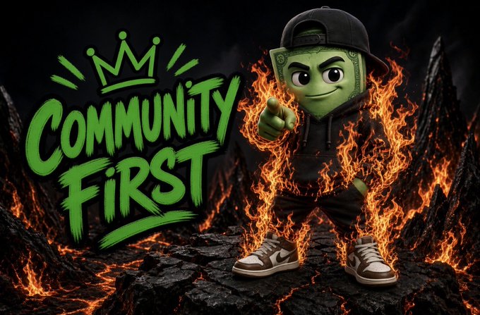 A 3D cartoon character made of a dollar bill wearing a cap and hoodie stands on a fiery cracked ground next to a 'Community First' logo with a crown.
