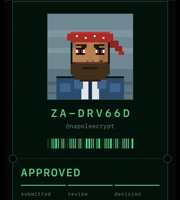 A pixel art 'APPROVED' card showing a bearded character with a red bandana, labeled 'ZA-DRV66D' and '@napoleecrypt', with a barcode and a progress indicator showing submitted, review, and decision stages.