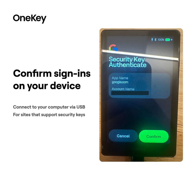 A product display for OneKey showing a device used to 'Confirm sign-ins on your device' by connecting via USB, with a screen displaying a 'Security Key Authenticate' prompt for google.com.
