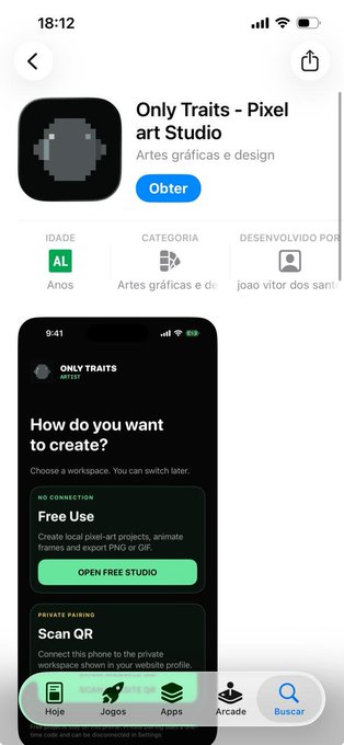 An App Store listing shows an app called 'Only Traits - Pixel art Studio' by joao vitor dos sant, featuring screenshots of a pixel art creation interface with options for 'Free Use' and 'Scan QR'.