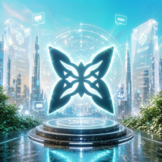 A futuristic digital advertisement for 'QUIP' featuring a glowing butterfly emblem on a marble pedestal, with surrounding panels highlighting features like Connect, Express, Share, Earn, and Reward in a sci-fi cityscape.