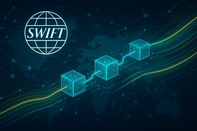 A technology-themed graphic showing the 'SWIFT' globe logo alongside three glowing blue interconnected data cubes flowing along yellow digital streams over a world map background.