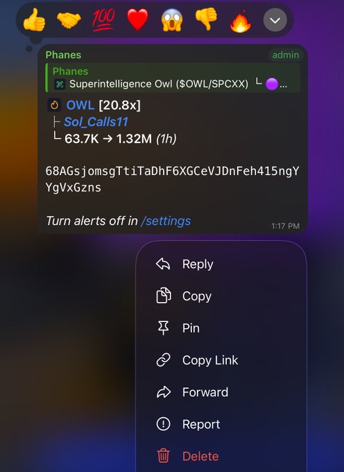 A Telegram notification panel displays a message from 'Phanes' about 'Superintelligence Owl ($OWL/SPCXX)' showing a price of 20.8x and Sol_Calls11 reaching 63.7K to 1.32M.