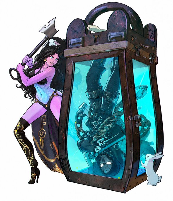 A fantasy-style digital illustration of a woman in a purple and white outfit wielding an axe, standing next to a large mechanical container filled with a glowing blue liquid containing mechanical parts, accompanied by a small white creature.