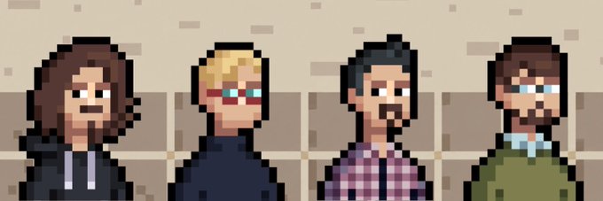 A pixel art illustration depicting four diverse character portraits lined up side by side, featuring individuals with varying hair colors, glasses, and facial hair against a beige tiled background.