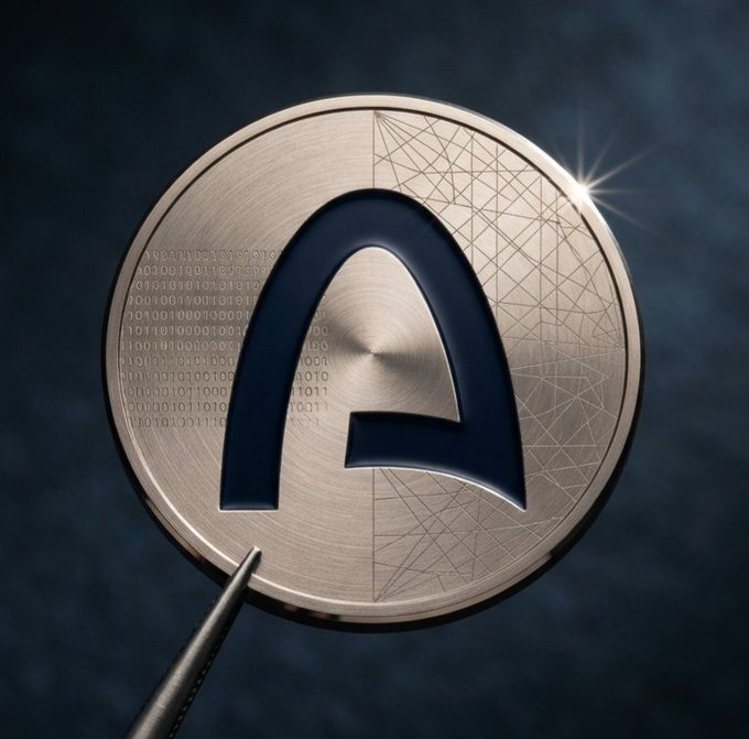 A close-up image of an Arc cryptocurrency coin featuring a stylized 'A' logo with binary code and geometric patterns.