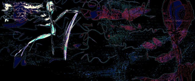 A dark, abstract digital artwork featuring a bright, neon-colored skeletal figure on the left and a larger, reddish skeletal structure on the right.
