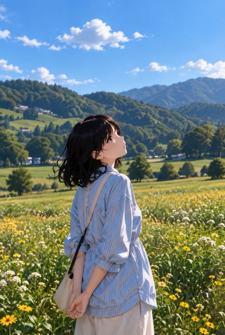 An anime-style illustration of a girl with short dark hair wearing a blue striped shirt, standing in a field of yellow and white flowers with mountains in the background.