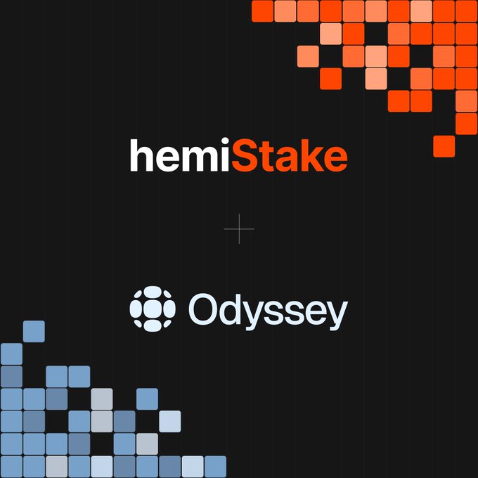 Promotional graphic on a black background featuring the 'hemiStake' logo in white and orange text, followed by a plus sign and the 'Odyssey' logo, with orange and blue pixelated cube patterns in the corners.