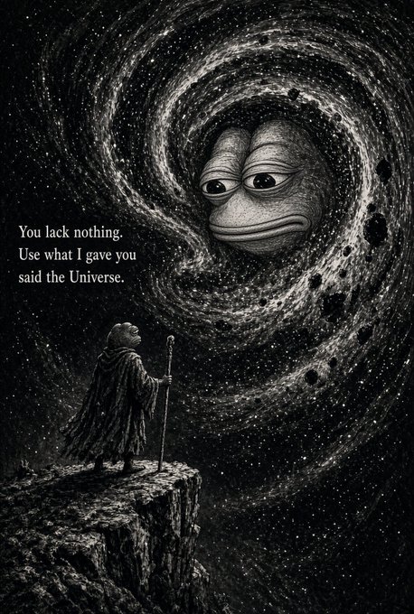 A black and white surrealist illustration shows a cloaked figure with a staff standing on a cliff edge looking up at a face formed within a swirling cosmic vortex, accompanied by the text: "You lack nothing. Use what I gave you said the Universe."