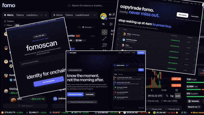 The user wants me to write a concise caption (under 135 characters) for this image, focusing on the main subject. The caption should be in English.

The image shows multiple screenshots of a platform called "fomo" - it appears to be a crypto/token trading platform with features like alerts, leaderboards, filters, signal information, and trading signals. There's a "fomoscan" feature and something called "copytrade fomo." The interface shows token prices, trading volume, and signal alerts.

Let me write a concise caption focusing on the main visual elements.

I need to focus on:
- The "fomo" platform interface
- Various screens showing token trading, alerts, leaderboards
- "fomoscan" feature
- "copytrade fomo" feature
- Trading signals and signal information

Concise caption (under 135 chars):

"Collage of screenshots showing the fomo crypto trading platform interface, featuring fomoscan, copytrade, signal alerts,