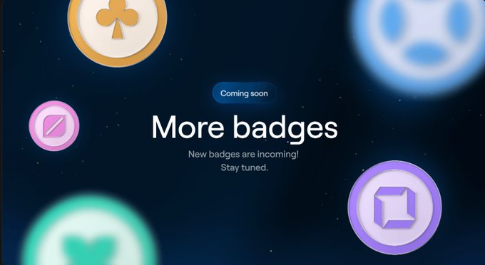 A digital graphic announcing 'Coming soon - More badges' with text 'New badges are incoming! Stay tuned.', surrounded by various floating badge icons on a dark blue background.