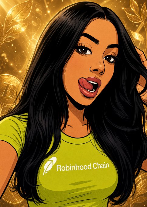 A comic-style illustration of a woman wearing a green t-shirt with the "Robinhood Chain" logo, set against a golden background with Bitcoin symbols and leaves.