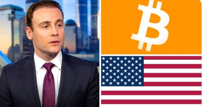 The image shows a split graphic with a man in a suit on the left, likely a financial commentator or anchor, and a Bitcoin logo above an American flag on the right. The composition visually ties the CFTC Chair's statement about the Crypto CLARITY Act nearing passage to its potential impact on Bitcoin adoption in the U.S., reinforcing the post's message that regulatory clarity could drive institutional investment in crypto.