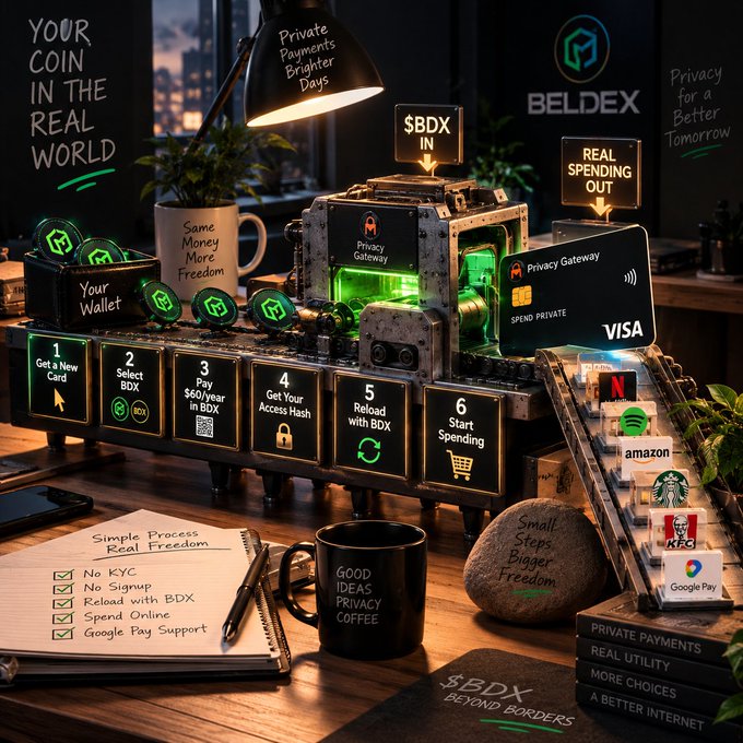 Promotional image for BELDEX cryptocurrency featuring a factory-like machine labeled 'BELDEX' processing cards, with text including 'YOUR COIN IN THE REAL WORLD', 'Privacy Payments Brighter Days', '$BDX IN', 'REAL SPENDING OUT', and step boxes numbered 1 through 6.