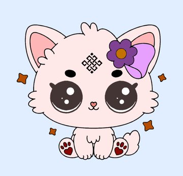 A cute cartoon illustration of a fluffy light-colored cat with big eyes, a purple flower hair accessory, and a decorative forehead mark, sitting against a blue background with stars.