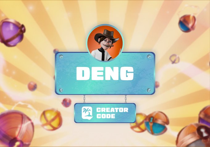 The image displays a blue sign with the name "DENG" and a "CREATOR CODE" button below it, set against a background of floating gacha-style balls, promoting the use of the code DENG for purchasing Pearls.