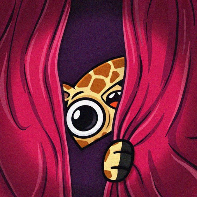 A cartoon giraffe with a large expressive eye peeks through parted red curtains, while its hoof pulls the curtain aside. The image ties to the "GM zooklandia" post as a playful mascot reveal for the Zooklandia NFT project's whitelist (WL) wallet checker, which is now live and accepting wallet submissions via retweets within a 7-hour window.