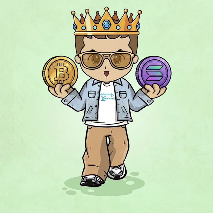 A cartoon character wearing a gold crown and sunglasses confidently holds a Bitcoin (₿) coin in one hand and a Solana (◎) coin in the other, fitting the "Good Morning ₿illionaires" greeting and playfully illustrating the question "What bags we working today?" by showcasing two prominent crypto holdings.