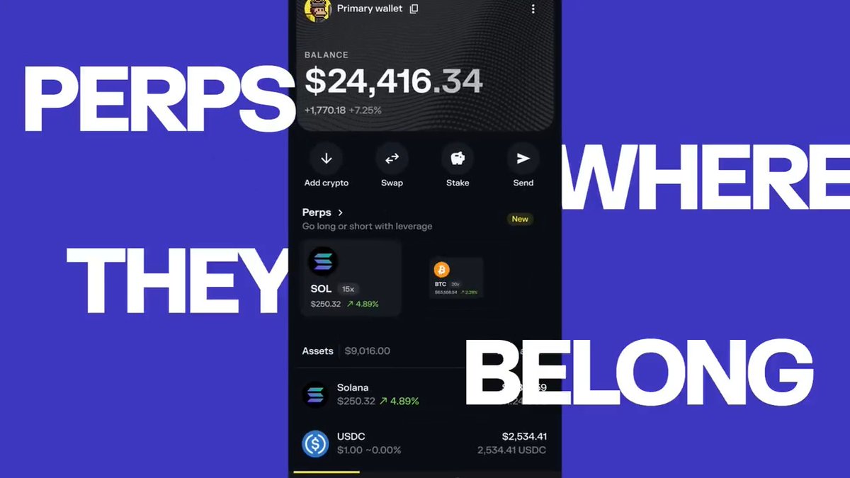 A mobile app interface shows a crypto 'Primary wallet' balance of '$24,416.34' with options for Add crypto, Swap, Stake, and Send, highlighting 'Perps' for SOL and BTC, overlaid with large white text reading 'PERPS WHERE THEY BELONG'.