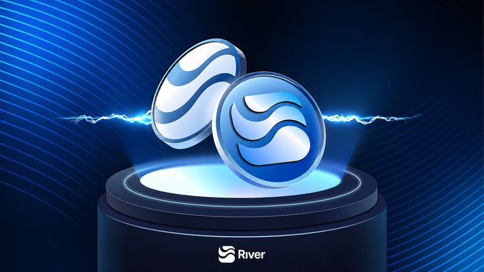 The image features a black background with two blue coins floating in front of a blue lightning bolt. The coins are positioned at different angles, creating an interesting visual effect. Below the coins, there's text that reads "GM CT! The $RIVER daily top 10 creators just got updated. The top chads raising the narratives..keeping the momentum going ." and "One thing about the @River4fun grind is that consistency always wins gRiver Fams!".