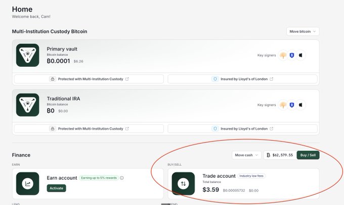 A screenshot of a Bitcoin financial dashboard showing a 'Multi-Institution Custody Bitcoin' primary vault balance of 0.0001, with a red circle highlighting a 'Trade account' with a total balance of $3.59.