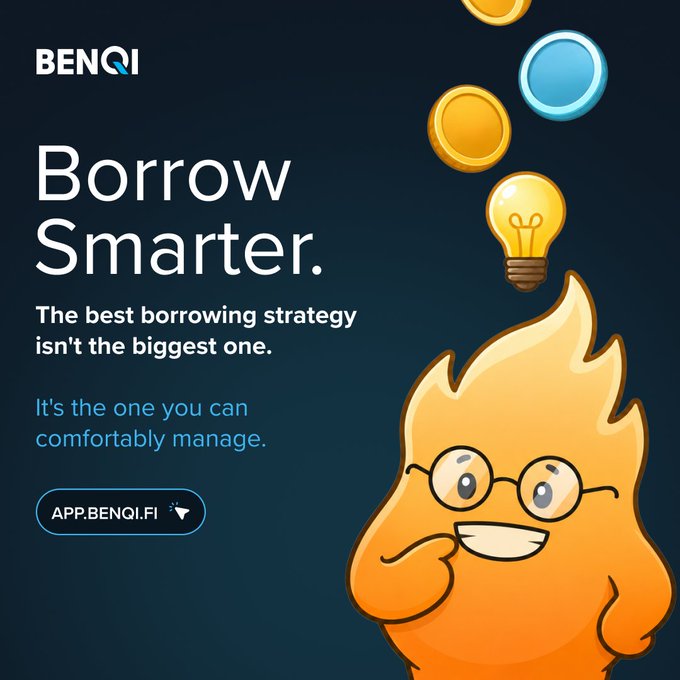 A Benqi promotional graphic featuring a cartoon flame mascot with glasses and a lightbulb above its head, displaying the headline "Borrow Smarter" with the tagline "The best borrowing strategy isn't the biggest one. It's the one you can comfortably manage" and the link "APP.BENQI.FI".

The image illustrates the post's message by personifying smart borrowing through a thoughtful flame mascot (suggesting careful decision-making) with an idea lightbulb, reinforcing that prudent, manageable borrowing strategies—not the largest ones—are key to avoiding liquidation.