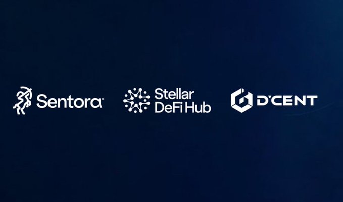 A dark blue graphic displaying three logos: 'Sentora', 'Stellar DeFi Hub', and 'D'CENT'.