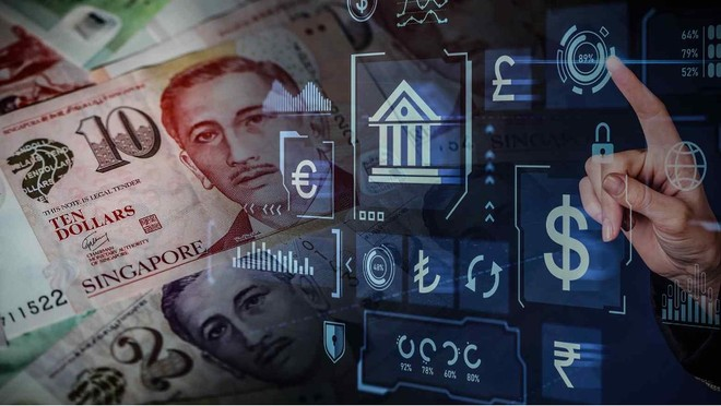 A composite image showing Singapore ten-dollar banknotes alongside a digital financial interface displaying various currency symbols (€, £, $) and data charts, with a hand touching the screen.