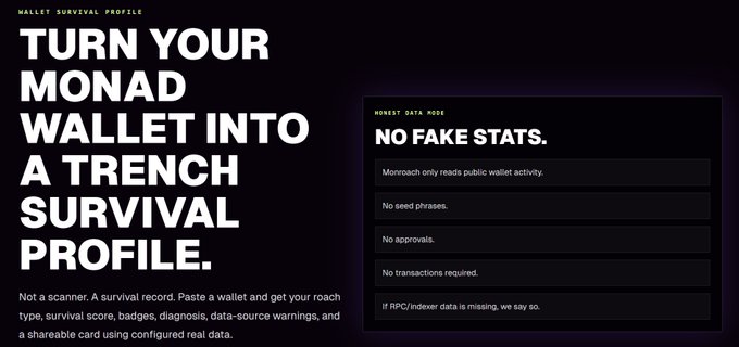 The image shows a screenshot of a website called "monad survival profile" that appears to be related to Monad's roach analyzer app. The main content of the image is an advertisement for the app, which includes information about its features such as detecting roaches and providing survival tips. The text on the screen reads: "turn your Monad wallet into a trench survival profile. roach type, survival score, badges, diagnosis, data warnings, and a shareable card." This suggests that the image is promoting the app's functionality in detecting and dealing with roaches, as well as providing useful tips for managing such situations effectively.