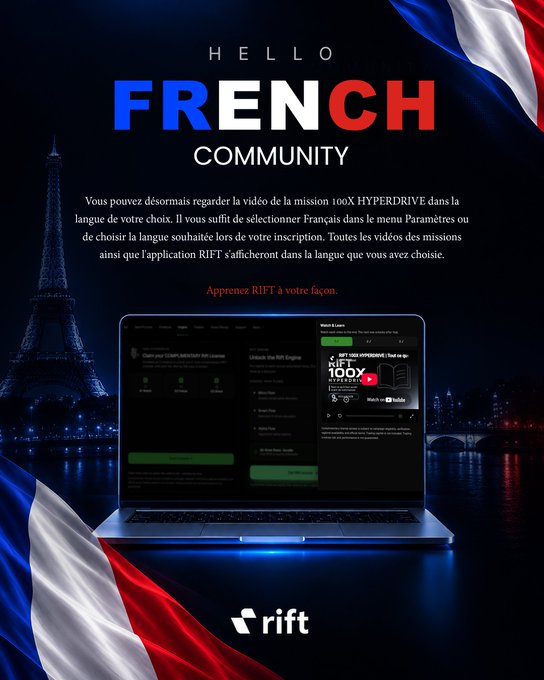 A promotional graphic titled 'HELLO FRENCH COMMUNITY' for RIFT, announcing French language support for the 100X HYPERDRIVE mission video, featuring the Eiffel Tower and French flag colors.