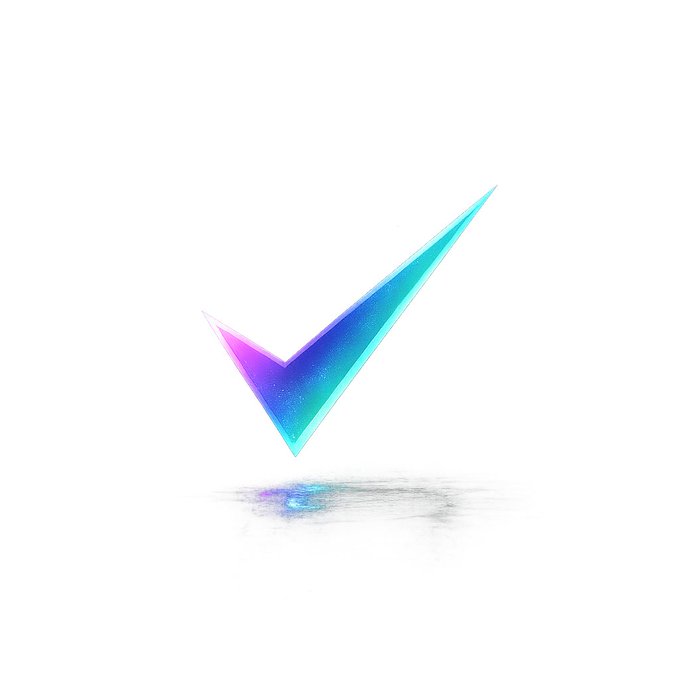 A stylized, iridescent checkmark logo with cyan, blue, and pink hues floats above a subtle reflection on a white background.