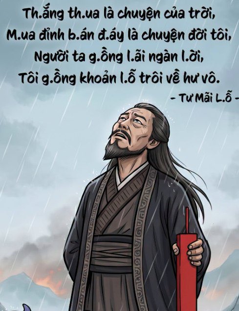 A bearded traditional Asian figure stands in the rain looking upward with a weary expression, beside Vietnamese text reading "Thắng thua là chuyện của trời, Mua đỉnh bán đáy là chuyện đời tôi, Người ta gồng lãi ngàn lời, Tôi gồng khoản lỗ trở về hư vô. - Tư Mãi Lỗ" (roughly: "Winning and losing is heaven's business; buying tops and selling bottoms is my fate; people earn thousands in profit, while I pile up losses into nothingness - Tư Mãi Lỗ"). The melancholy image of a resigned figure in stormy weather visually mirrors the post's sentiment about repeatedly being humbled by the market despite loud confidence.