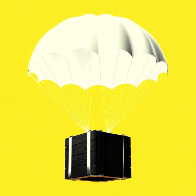 A 3D illustration of a black wooden crate or package descending with a white parachute against a bright yellow background.