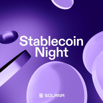 The image is a purple promotional graphic with the text "Stablecoin Night" and the Solana logo. It serves as event branding for the Solana Summer Series' Stablecoin Night gathering in San Francisco, accompanying the post's announcement of an evening hang for the stablecoin community at a record bar.