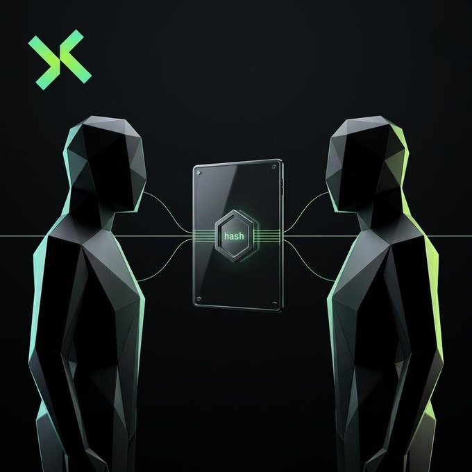 Two faceless, geometric black figures flank a floating dark screen displaying a hexagonal "hash" emblem, with glowing wires connecting them through the device. The image visually reinforces the post's point about agent trust lacking human accountability—the hooded, identity-less figures embody how AI agents transact without faces, reputations, or shame, making cryptographic hashing ("hash") the only enforceable substitute for the social consequences humans fear.