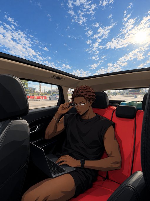 An anime-style illustration of a young man with brown dreadlocks and sunglasses sitting in the backseat of a car with red leather seats, using a laptop under a sunroof.
