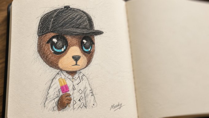A sketch in an open notebook depicts a cute cartoon brown bear wearing a black baseball cap and patterned shirt, holding a colorful popsicle, signed 'Meeky' at the bottom.