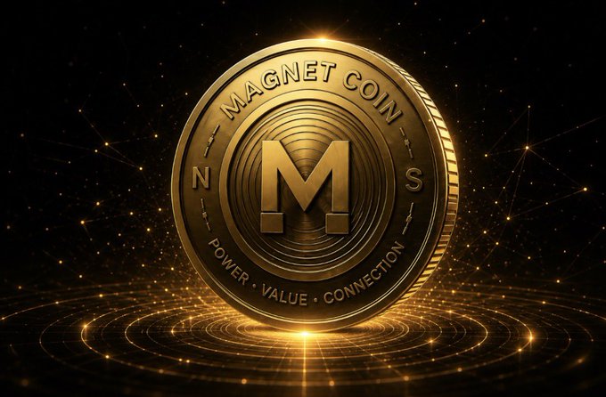 A golden coin displayed against a dark, starry background features the text "MAGNET COIN" and "M." along with "POWER • VALUE • CONNECTION" around the edge, and "N" and "S" indicating magnetic poles.