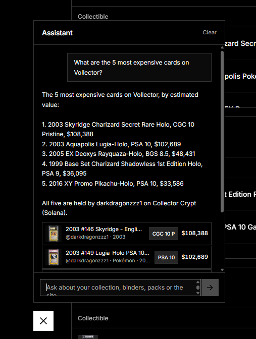 A screenshot of an AI assistant chat listing the '5 most expensive cards on Vollector,' led by a 2003 Skyridge Charizard Secret Rare Holo CGC 10 at $108,388 and a 2003 Aquapolis Lugia-Holo PSA 10 at $102,689.