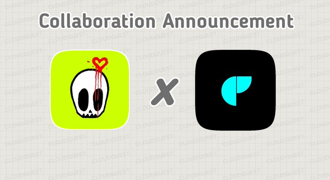 Collaboration announcement graphic showing a skull with a bleeding heart icon crossed with a black and teal 'P' logo.