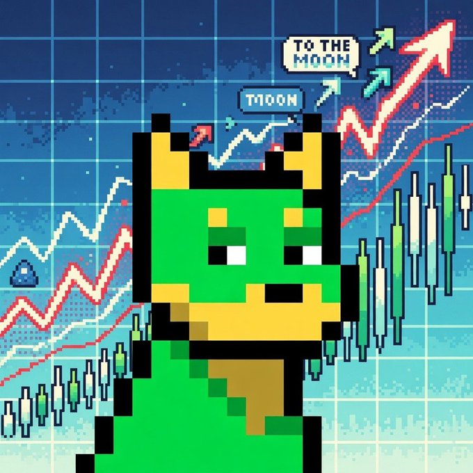A pixel-art green reptilian character wearing a golden crown stands before a stock chart with candlesticks and arrows pointing up, with speech bubbles reading 'TO THE MOON' and 'TMOON'.