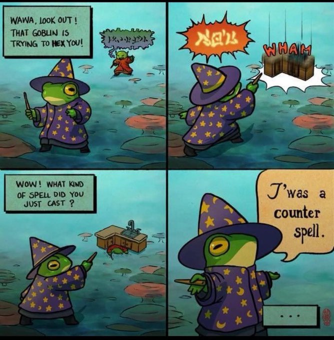 A four-panel comic featuring a frog wizard in a star-patterned robe warning about a goblin, casting a spell, and revealing it was a 'counter spell' against a magical desk.