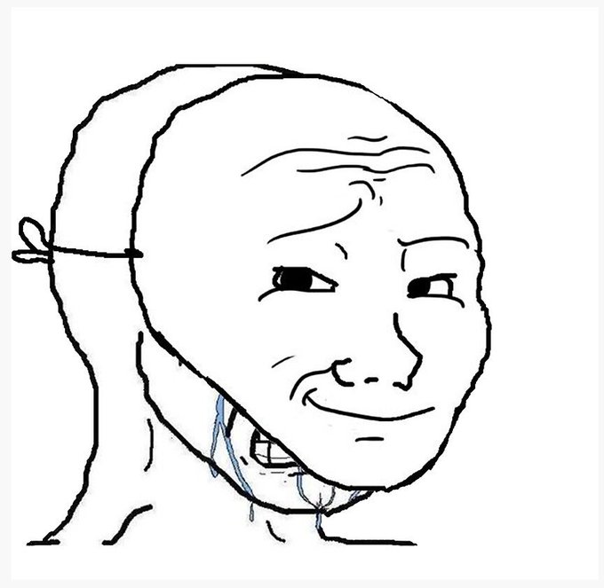 Simple black and white line drawing of a smiling bald man with a loose strand of hair, known as the 'Wojak' meme.