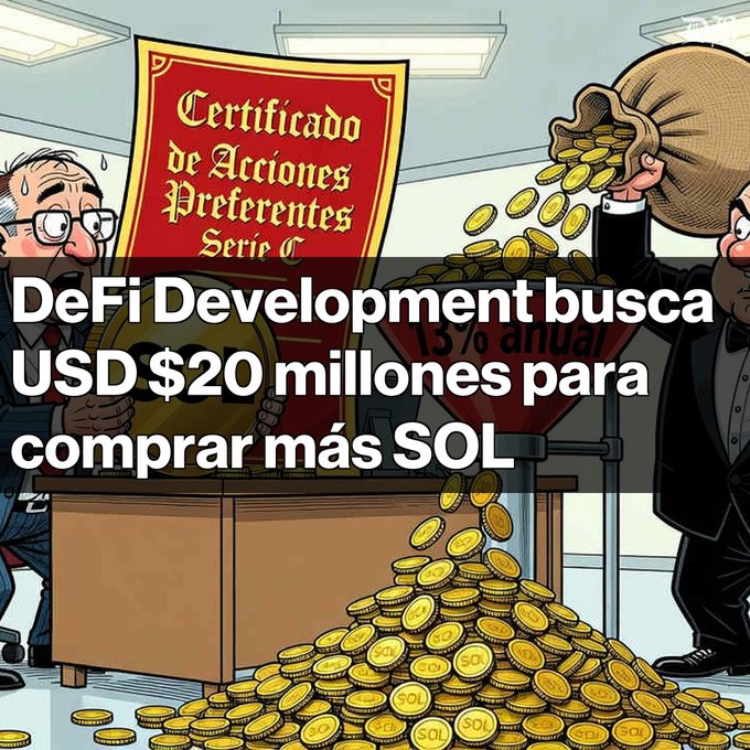 A cartoon illustration with Spanish text overlay reading 'DeFi Development busca USD $20 millones para comprar más SOL', depicting a sweating man and a tuxedoed figure with a sack of money next to Solana coins.