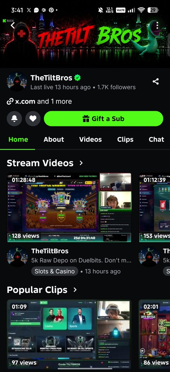 A mobile screenshot of a Kick streaming channel called 'TheTiltBros' with 1.7K followers, showing 'Stream Videos' and 'Popular Clips' sections featuring casino/slots content.