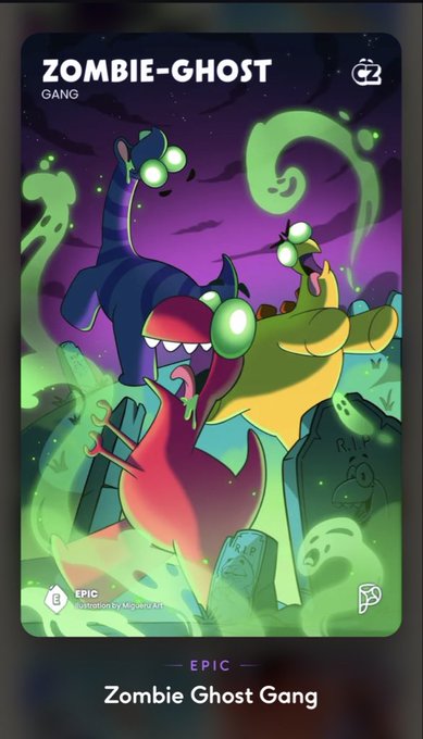 A digital trading card labeled "ZOMBIE-GHOST GANG" featuring colorful ghostly creatures in a spooky graveyard scene, marked as an "EPIC" rarity with the description "Zombie Ghost Gang" at the bottom—offered as part of a Heeboo collection trade.