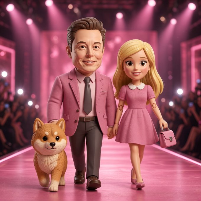 A stylish 3D-rendered couple in matching pink outfits, accompanied by a Shiba Inu, struts confidently down a pink runway — visually embodying the post's playful claim that "$BDEM" operates in a "different planet" with its own vibrant dress code, far removed from typical market concerns.