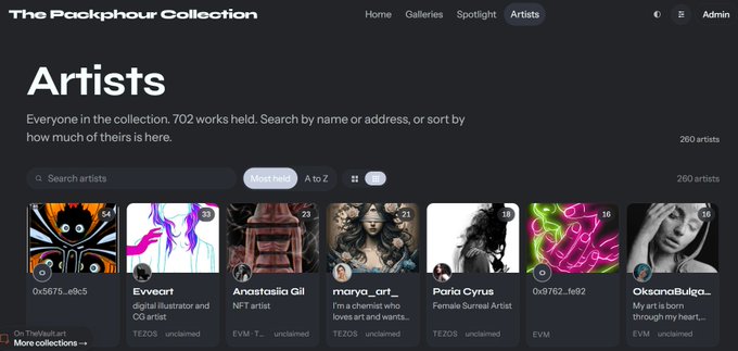 A screenshot of 'The Peckphour Collection' website showing an 'Artists' page with 260 artists, displaying NFT artist profiles like 'Evveart', 'Anastasiia Gil', 'marya._art', and 'Paris Cyrus'.